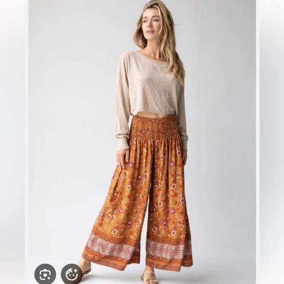 Natural Life Make A Move Palazzo Wide Leg Pants Camel Brown Purple Floral - Picture 9 of 10